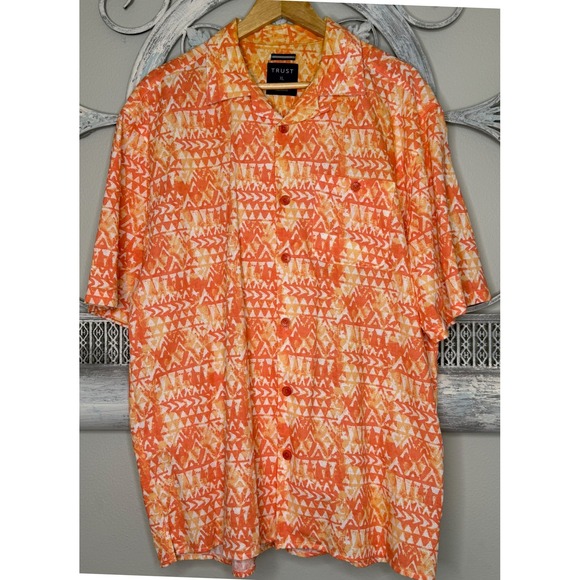 Trust Other - TRUST Mens XL Linen Blend Short Sleeve Button Down Shirt Orange Tribal Geometric